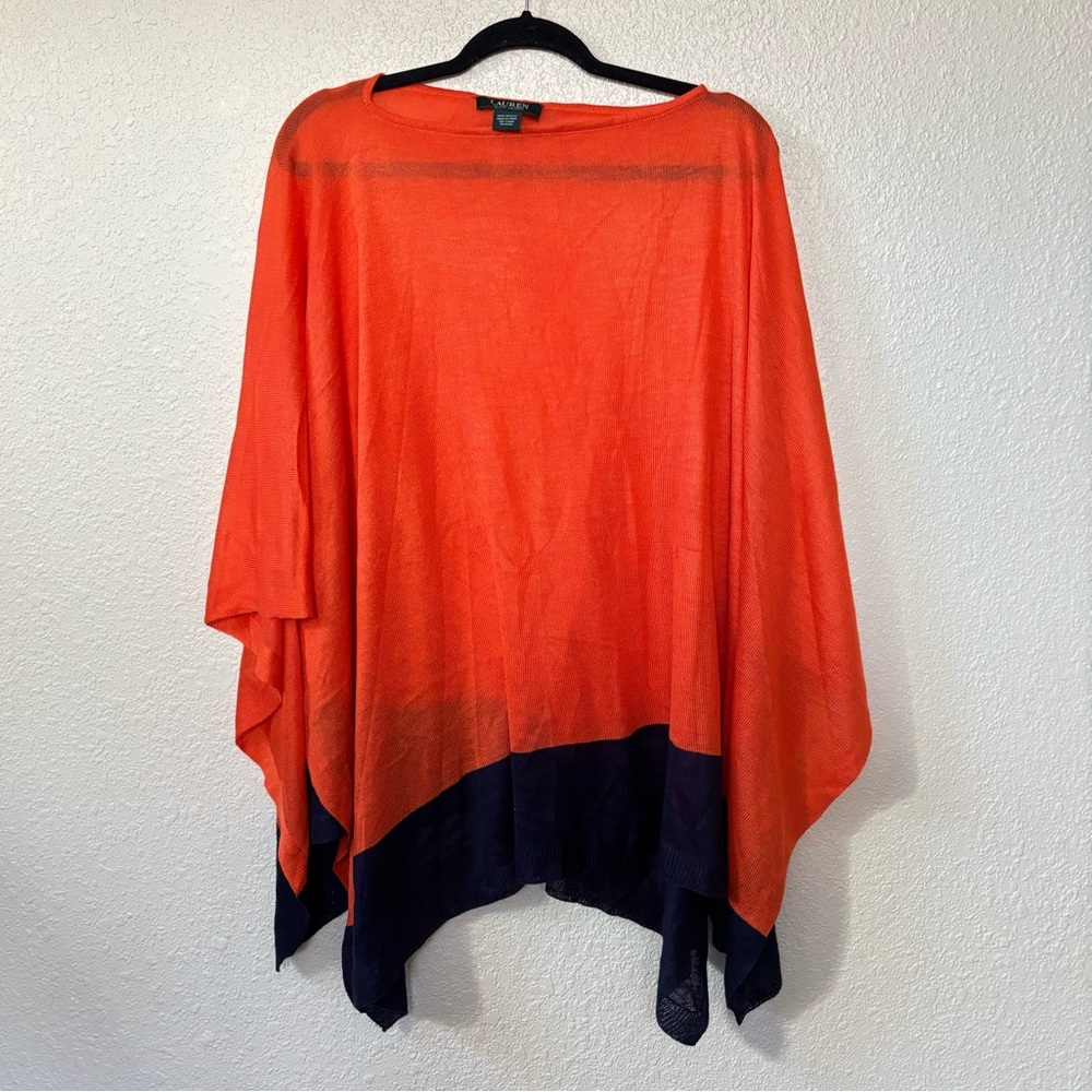 Lauren Ralph Lauren Orange & Blue Colorblock Acrylic Poncho Top One Size